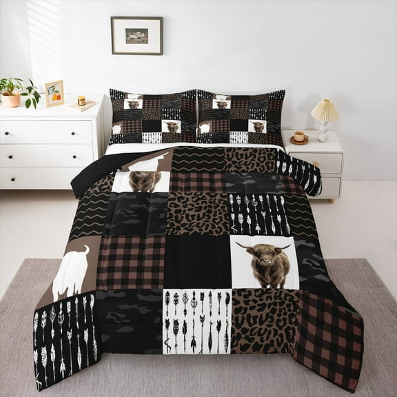Manfei Cute Highland Cow Queen Comforter Set,Brown Leopard Print Bedding Sets,Patchwork Geometric Plaid Bedding Comforter Set For Girls Boys,Breathable Home Decor Reversible,3pcs