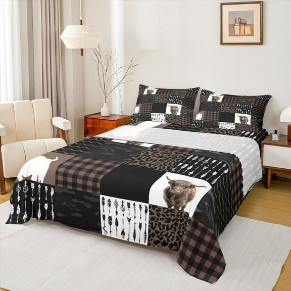 Manfei Cute Highland Cow Queen Sheet Sets,Brown Leopard Print Flat Sheet,Patchwork Geometric Plaid Queen Fitted Sheet For Girls Boys,Breathable Home Decor,4pcs