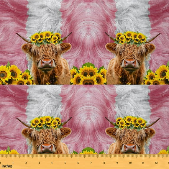 Manfei Cute Highland Cow Sewing & Crafting Fabric (1 Yard), Girly Pink Cowhide Home Decor Fabric by the Yard, Farmhouse Animal DIY Fabric
