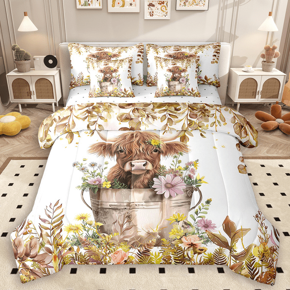 Manfei Cute Highland Cow Twin Bedding Sets 7pcs, Brown Flower Floral Bedding Comforter Set, Farm Animal Sheet Sets, Luxury Bedroom Decor