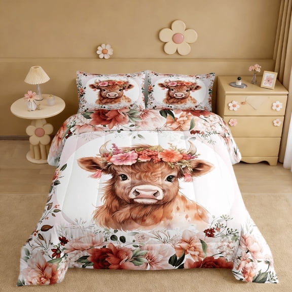 Manfei Cute Highland Cow Twin Comforter Sets,Cartoon Animal Flower Floral Print Farm Theme Bedding Set For Teens 2-Piece
