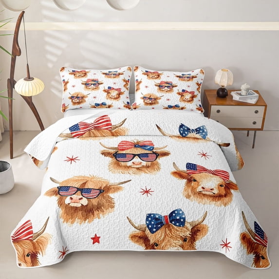 Manfei Cute Highland Cow Twin Quilt Set,American Flag Bowtie Twin Coverlet Set,Brown,2pcs