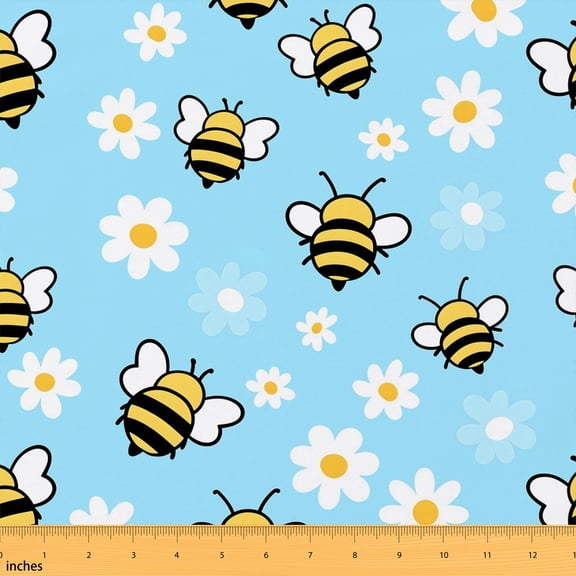 Manfei Cute Honeybee Fabric by the Yard 1 Yard, Watercolor Floral Home Decor Fabric by the Yard, Sky Blue Daisy Bee