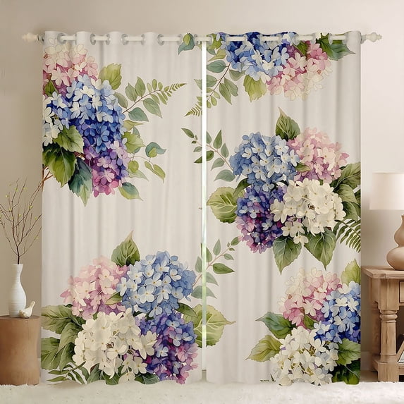 Manfei Cute Hydrangea Blossom Blackout Curtains Set of 2 (38x54 Each), Chic Floral Living Room Curtains, Dusty Blue Blush Cream