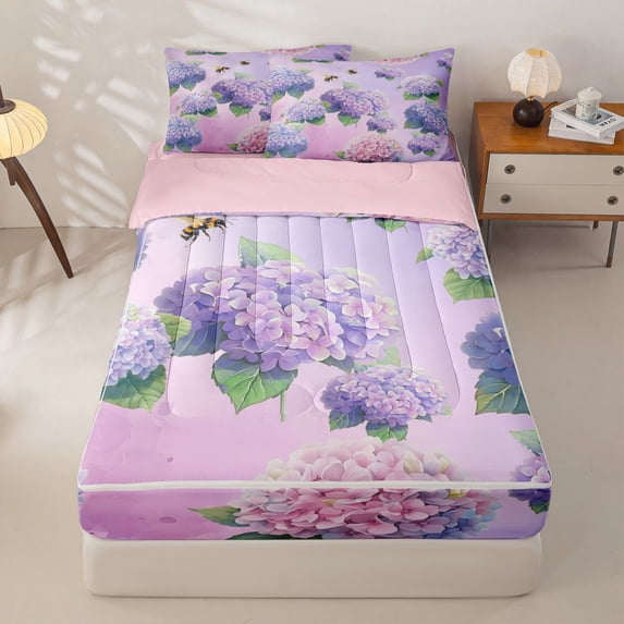 Manfei Cute Hydrangea Floral Zipper Twin Comforter Sets with Fitted Sheet and 2 Pillowcases, Chic Blossom Zipper Bedding Set, Lilac Purple Green