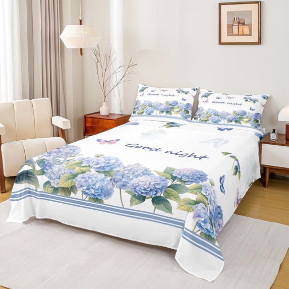 Manfei Cute Hydrangea Flower King Sheets, Chic Blossom Butterfly Bedding, Blue Purple Pink 4pcs(1 Flat Sheet, 1 Fitted Sheet and 2 Pillowcases)