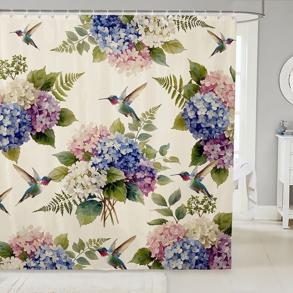 Manfei Cute Hydrangea Flower Shower Curtain 72Wx78L, Chic Blossom Hummingbird Bath Curtain, Pink Blue Cream Green