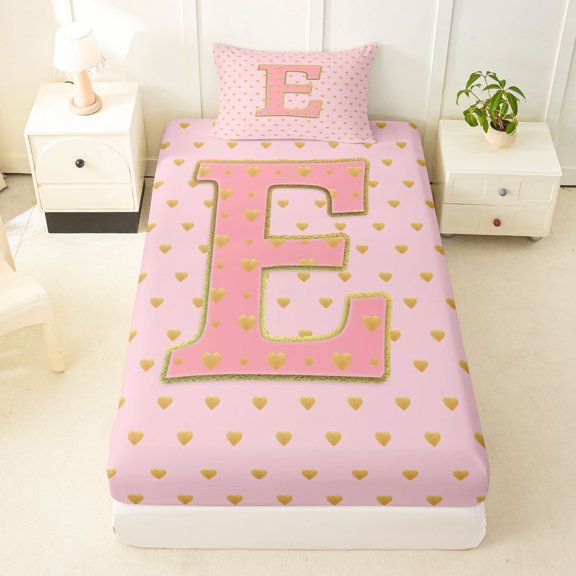 Manfei Cute Initial E Twin Fitted Sheet,Pink Polka Dot Bedding,2pcs,1 Fitted Sheet and 1 Pillowcase