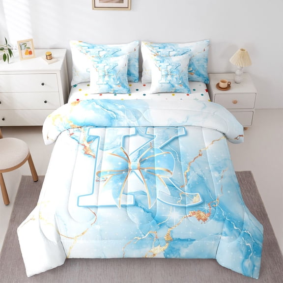 Manfei Cute Initial K 7-Piece Twin Bedding,Princess Bow Bedding Comforter Set,Golden Blue,Polkadot Reversible