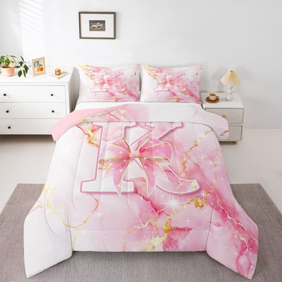 Manfei Cute Initial K Queen Comforter Set,Princess Bow Comforter Sets Queen,Golden Pink,Pink Reversible,3 Pieces,1 Comforter and 2 Pillowcases