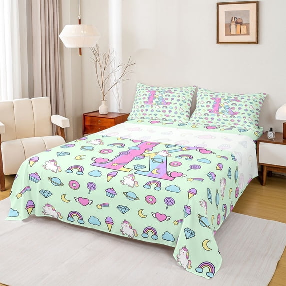 Manfei Cute Initial K Queen Sheets,Bold Unicorn Space Queen Sheet Sets,Light Green Multicolor,4 Pieces,1 Flat Sheet, 1 Fitted Sheet and 2 Pillowcases