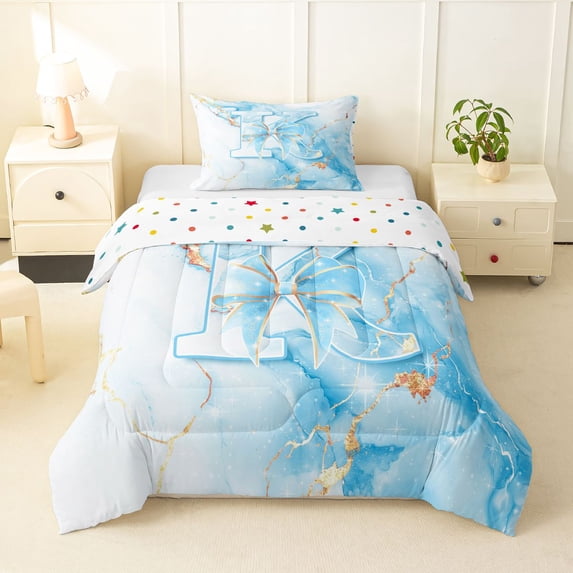Manfei Cute Initial K Twin Comforter Sets,Princess Bow Bedding Set,Golden Blue,Polkadot Reversible,2 Pieces,1 Comforter and 1 Pillowcase