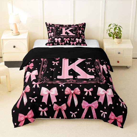 Manfei Cute Initial K Twin Comforter Sets,Princess Bowtie Bedding Set,Black Pink,Black Reversible,2pcs,1 Comforter and 1 Pillowcase