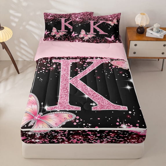 Manfei Cute Initial K Zipper Twin Comforter Sets with Fitted Sheet and 2 Pillowcases,Sweet Butterfly Zipper Bedding Set,Pink,Pink Reversible4pcs