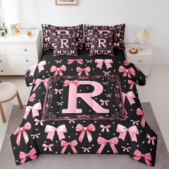 Manfei Cute Initial R 7-Piece Twin Bedding,Sweet Bow Bedding Comforter Set,Black Pink,Black Reversible