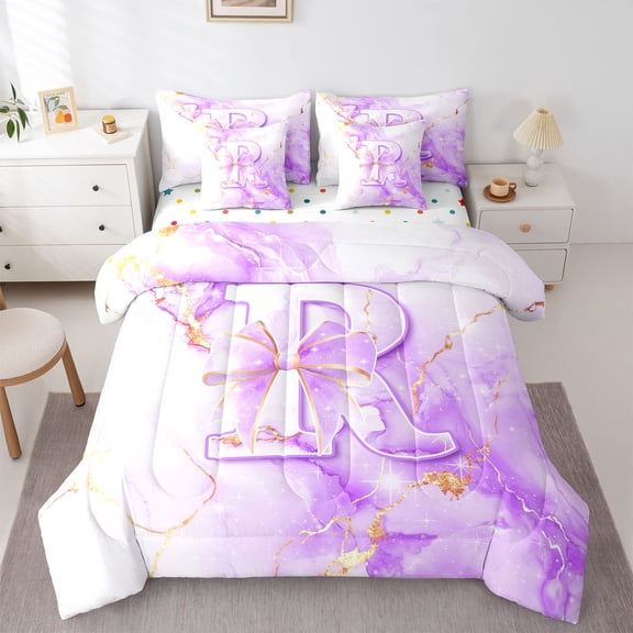 Manfei Cute Initial R 7-Piece Twin Bedding,Sweet Bowtie Bedding Comforter Set,Purple,Polkadot Reversible