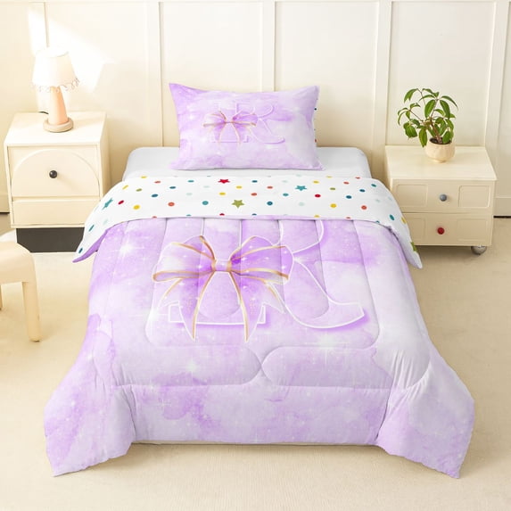 Manfei Cute Initial R Twin Comforter Sets,Sweet Bow Bedding Set,Purple,Polkadot Reversible,2 Pieces,1 Comforter and 1 Pillowcase