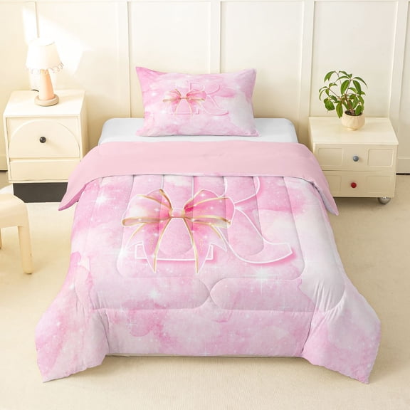 Manfei Cute Initial R Twin Comforter Sets,Sweet Bownot Bedding Set,Pink,Pink Reversible,2-Piece,1 Comforter and 1 Pillowcase