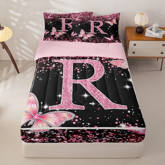 Manfei Cute Initial R Zipper Full Size Comforter Sets with Fitted Sheet and 2 Pillowcases,Sweet Butterfly Zipper Bedding Set,Pink,Pink Reversible4pcs