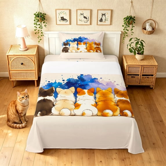 Manfei Cute Ink Corgi Twin Sheets, Splash Art Animal Bedding, Cream Orange, 3pcs, 1 Flat Sheet, 1 Fitted Sheet and 1 Pillowcase