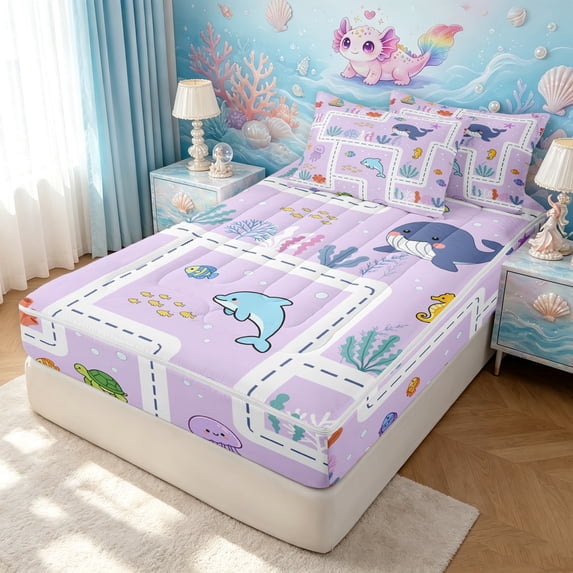 Manfei Cute Jellyfish Zipper Twin Comforter Sets with Fitted Sheet and 2 Pillowcases, Ocean Cartoon Animal Zipper Bedding Set, Lavender, Polkadot Reversible, 4 Pieces