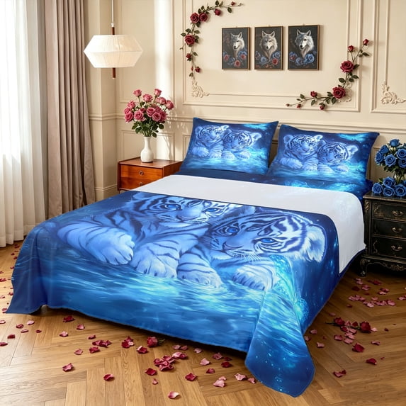 Manfei Cute Jungle Tiger Queen Sheets, Neon Butterfly Queen Sheet Sets, Blue, 4-Piece, 1 Flat Sheet, 1 Fitted Sheet and 2 Pillowcases