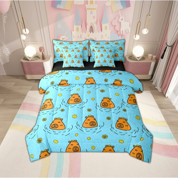 Manfei Cute Kapibara 7-Piece Twin Bedding Sets,Cartoon Animal Bedding Comforter Set,Brown Blue Sheet Sets For Girls Boys,Ultra Soft Home Decor Reversible