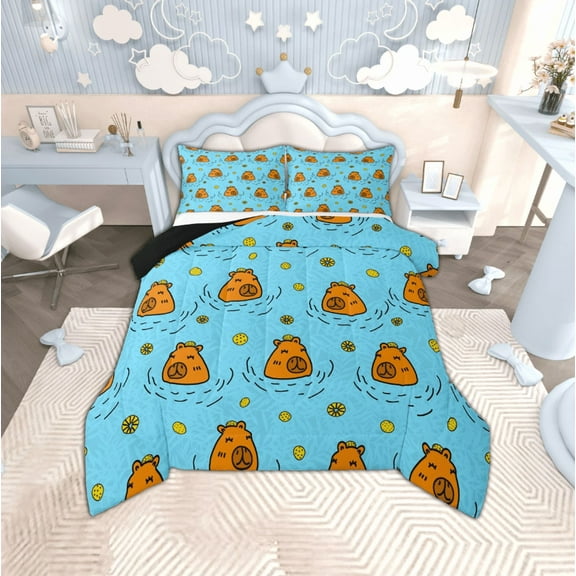 Manfei Cute Kapibara Bedding Comforter Set,Cartoon Animal Twin Comforter Sets,Brown Blue Bedding Set For Girls Boys,Ultra Soft Home Decor Reversible,2-Piece