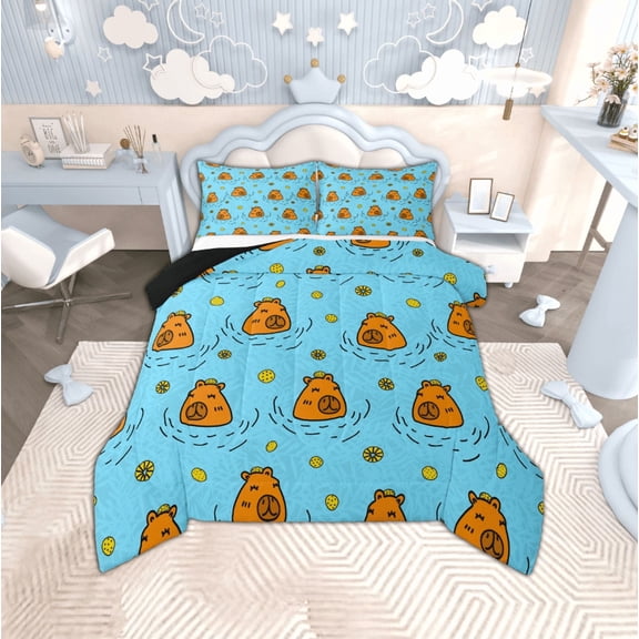 Manfei Cute Kapibara Full Size Comforter Sets,Cartoon Animal Bedding Comforter Set,Brown Blue Bedding Sets For Girls Boys,Ultra Soft Home Decor Reversible,3 Pieces