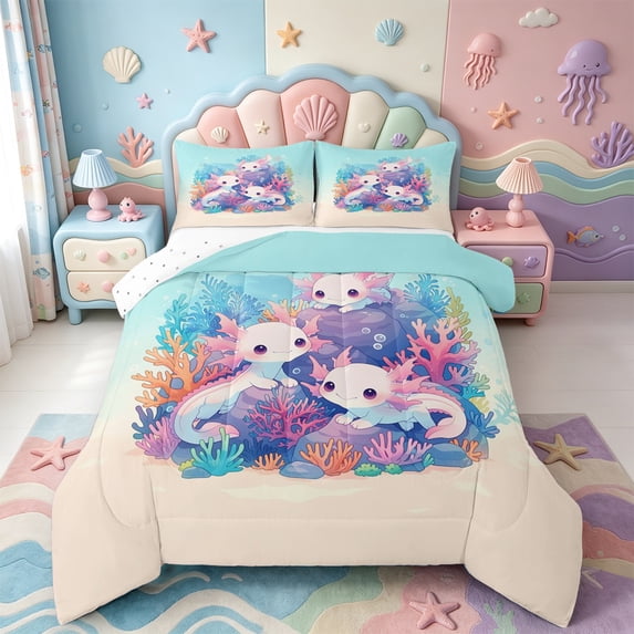 Manfei Cute Kawaii Axolotl King Size Comforter Sets,Aquatic Amphibian Print Comforters King Size,Reversible,3-Piece,1 Comforter and 2 Pillowcases