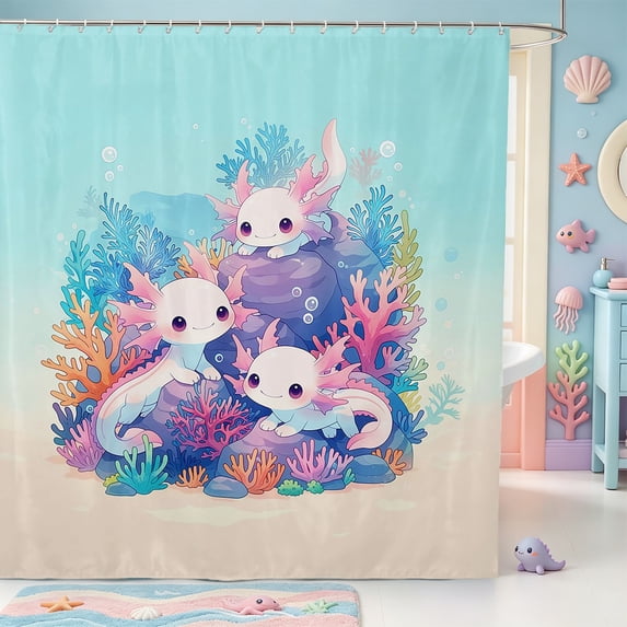 Manfei Cute Kawaii Axolotl Shower Curtain 72Wx84L,Aquatic Amphibian Print Bathroom Shower Curtain