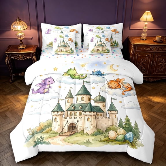 Manfei Cute Kawaii Dragon Animals 7 Pieces Full Size Bedding Sets,Fantasy Easter Egg Cloud Full Size Bed in a Bag,White Yellow,Colorful Stars Reversible
