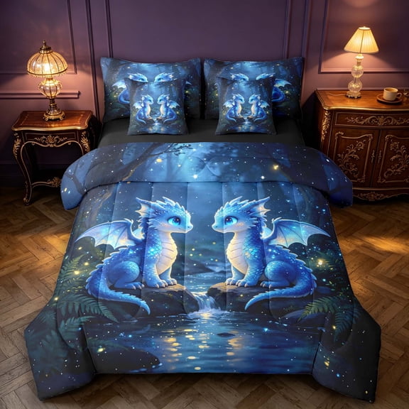 Manfei Cute Kawaii Dragon Animals 7 Pieces Full Size Bedding Sets,Fantasy Wildlife Full Size Bed in a Bag,Navy Blue,Black Reversible