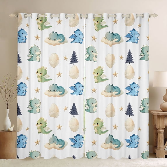 Manfei Cute Kawaii Dragon Animals Curtains and Drapes Pack of 2 (52x63 Each),Pine Tree Cloud Black Out Curtains,Blue White