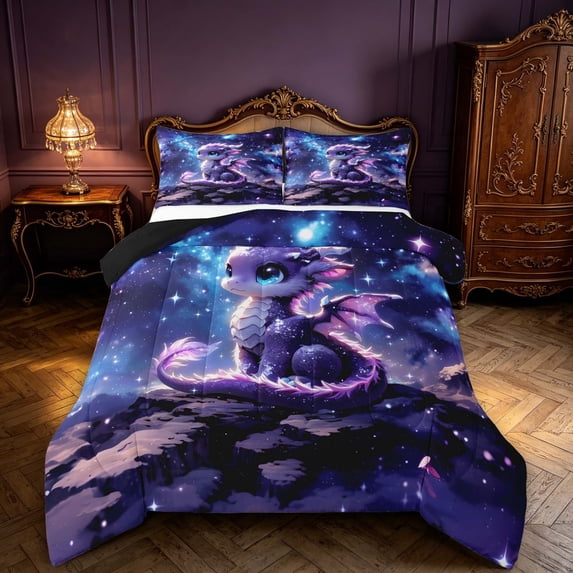 Manfei Cute Kawaii Dragon Animals Queen Comforter Set,Fantasy Starry Sky Comforter Sets Queen,Blue Pink,Black Reversible,3-Piece,1 Comforter and 2 Pillowcases