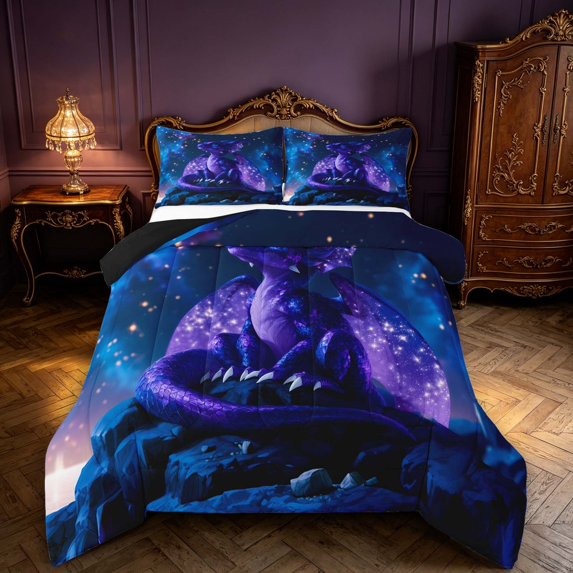 Manfei Cute Kawaii Dragon Animals Queen Comforter Set,Fantasy Wildlife Comforter Sets Queen,Blue,Black Reversible,3pcs,1 Comforter and 2 Pillowcases