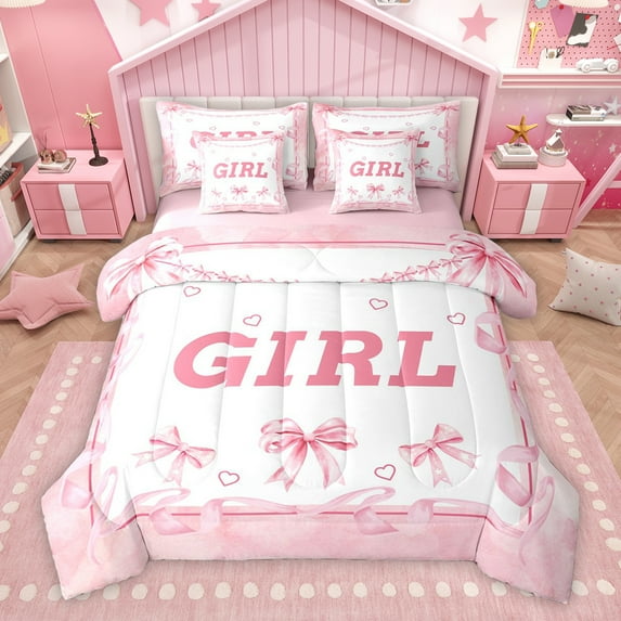 Manfei Cute Kawaii Girl Twin Bedding Sets 7-Piece, Cartoon Stars Bow-tie Bedding Comforter Set, Fairy Tale Princess Reversible Sheet Sets, Lightweight Room Decor