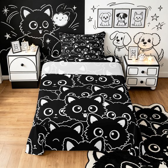 Manfei Cute Kitten Cat Twin Sheets, Simple Abstract Animal Bedding, Black White, 3 Pieces, 1 Flat Sheet, 1 Fitted Sheet and 1 Pillowcase