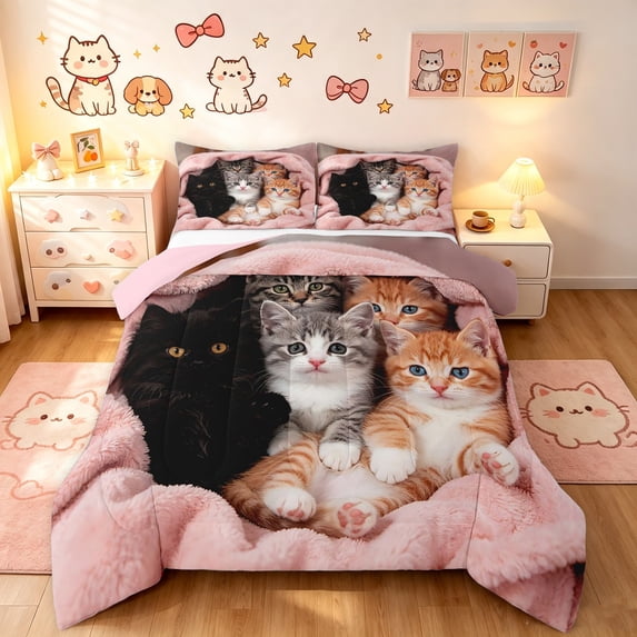 Manfei Cute Kitten Full Size Comforter Sets, Pet Animal Bedding Comforter Set, Pink, Pink Reversible, 3pcs, 1 Comforter and 2 Pillowcases