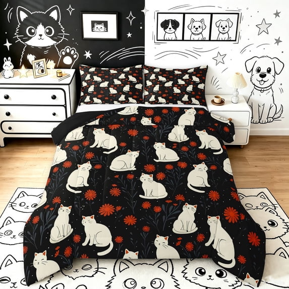 Manfei Cute Kitten King Size Comforter Sets, Bohemian Groocy Flower Comforters King Size, Black White, Black Reversible, 3 Pieces, 1 Comforter and 2 Pillowcases