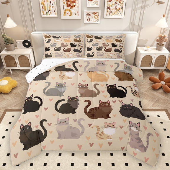 Homewish Cute Kitten Lover Bedding Comforter Set for Kids, Kawaii Cartoon Cat Animal Twin Comforter Sets, Love Heart Reversible Bedding Set, Ultra Soft Bedroom Decor, 2pcs