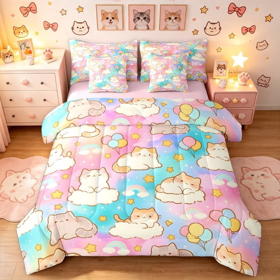 Manfei Cute Kitten Queen Bedding, Cartoon Rainbow Galaxy Bedding Comforter Set Queen, Pink Blue, Pink Reversible, 7 Pieces