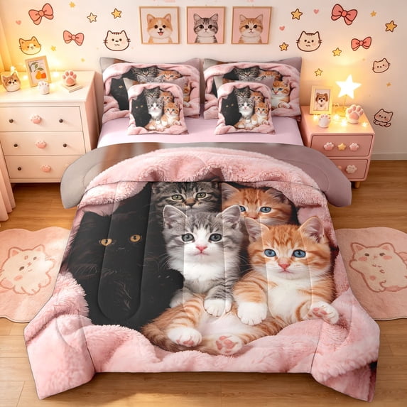 Manfei Cute Kitten Queen Bedding, Pet Animal Bedding Comforter Set Queen, Pink, Pink Reversible, 7pcs
