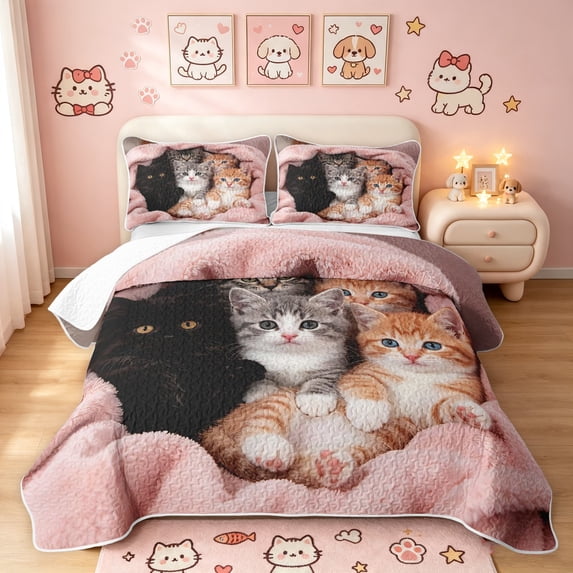 Manfei Cute Kitten Twin Quilt Set, Pet Animal Twin Coverlet Set, Pink, 2pcs, 1 Bedspread and 1 Pillowcase