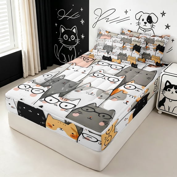 Manfei Cute Kitten Zipper Queen Comforter Set with Fitted Sheet and 2 Pillowcases, Cartoon Graffiti Cat Zipper Bedding Set, White Gray, Gray Reversible, 4 Pieces