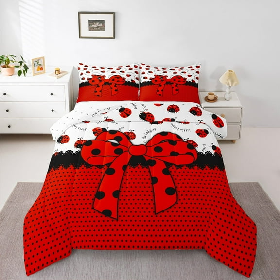 Manfei Cute Ladybird 2pcs Bedding Comforter Set,Red Bowknot Twin Comforter Sets,Polka Dots Breathable Bedding Set,Microfiber Cartoon Bedroom Decorative,Reversible