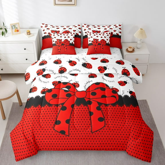 Manfei Cute Ladybird 7pcs Bedding Comforter Set,Red Bowknot Queen Bedding Sets Super Cozy,Polka Dots Queen Sheet Sets,Microfiber Cartoon Bedroom Decorative,Reversible