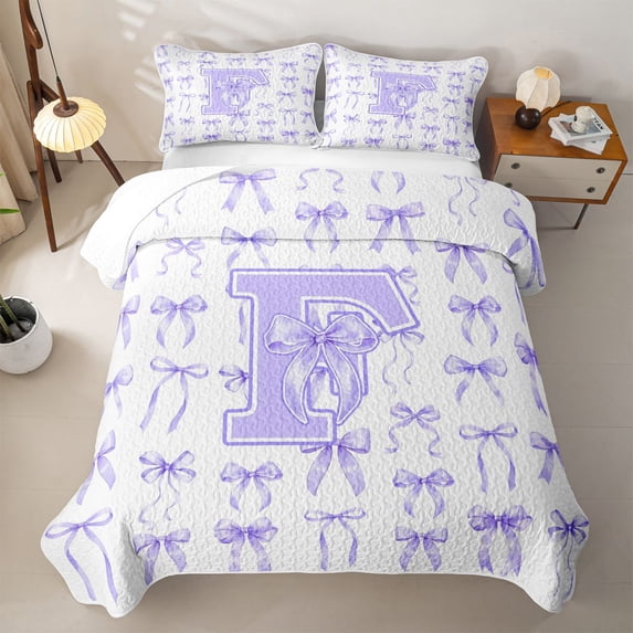Manfei Cute Lavender Bow Quilt Full For Girls,Chic Letter F Monogram Full Bedspread Sets For Kids,3-Piece