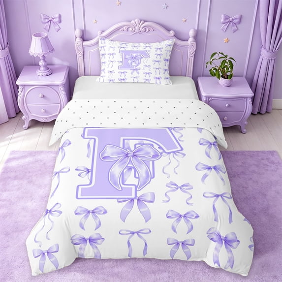 Manfei Cute Lavender Bow Twin Bedding For Girls,Chic Letter F Monogram Duvet Cover Set For Kids,Reversible,2 Pieces(No Comforter)