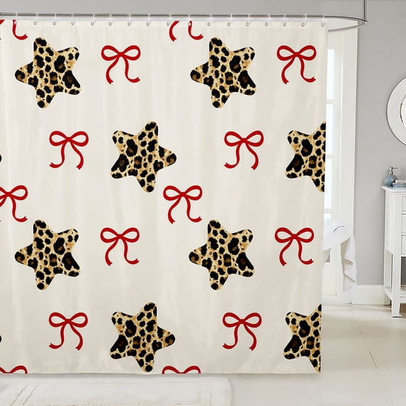 Manfei Cute Leopard Stars Print Shower Curtain 72Wx72L,Cartoon Red Bows Bathroom Curtain